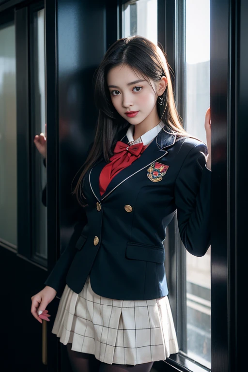 ( Female student standing near the train door)，Charming eyes，Heartwarming action，Turn your face away from the camera，stooped，Bend over，turn back，Look up at your head，thick and long black hair，Highly detailed body，Highly detailed face，best qualtiy、(P  iNK underwear),(High School Girls),((White Blazer、emblem on breasts))、((Translucent blouse)),((red bowtie)),((navy check flare skirt)),(Black stockings)、