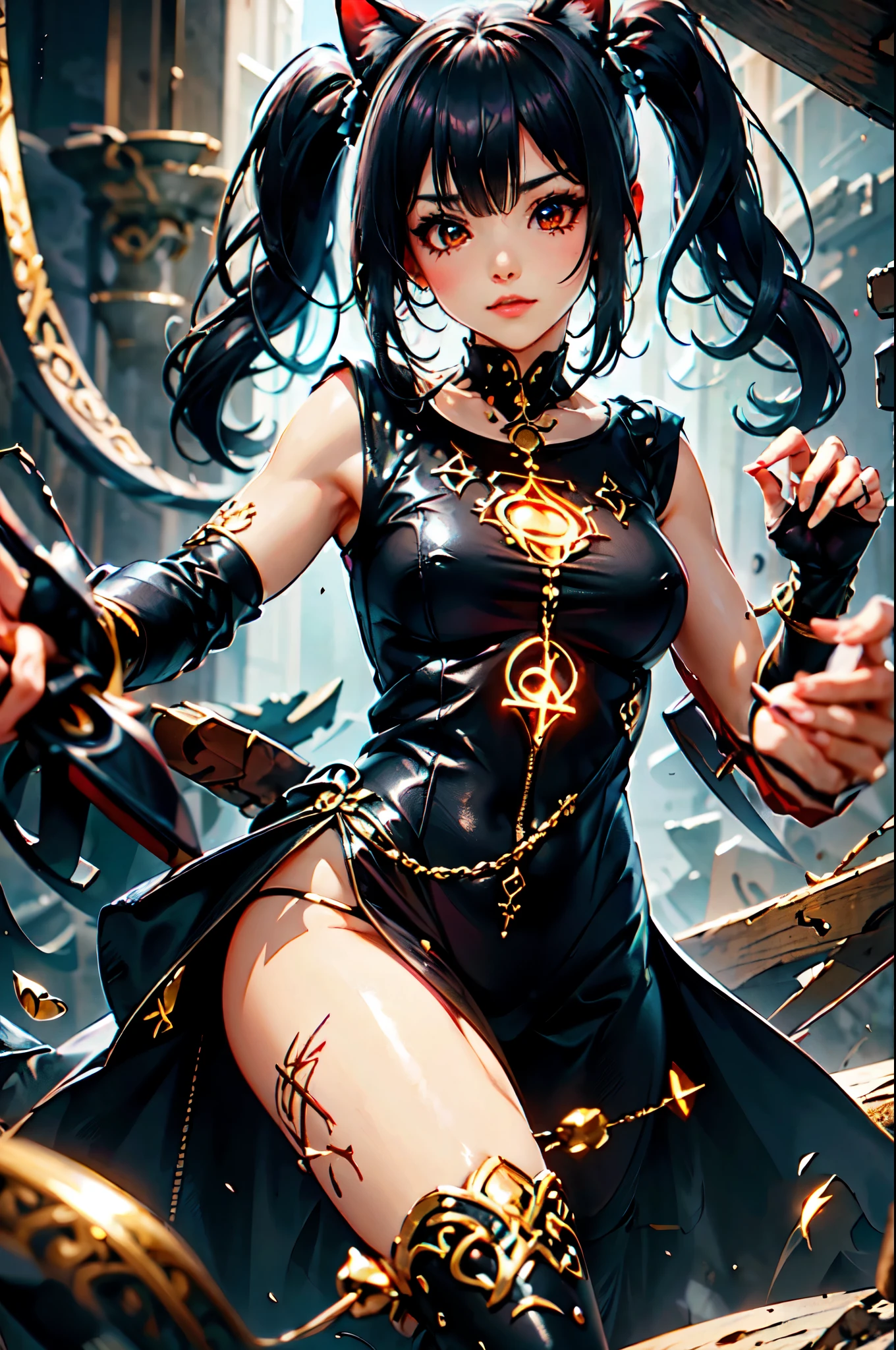 junkotvv, cabello negro, orejas de gato, ojos rojos, obra maestra incomparable, cg ultra realista de 8k, obra de arte perfecta, detalles intrincados, ciberpunk, 1 chica, usando brazaletes nacarados coleccionables de la era espacial, Enfoque suave, estilo moderno, llave de luz, Escala de grises, reluciente, runes, rayas de luz, Muy detallado, k,