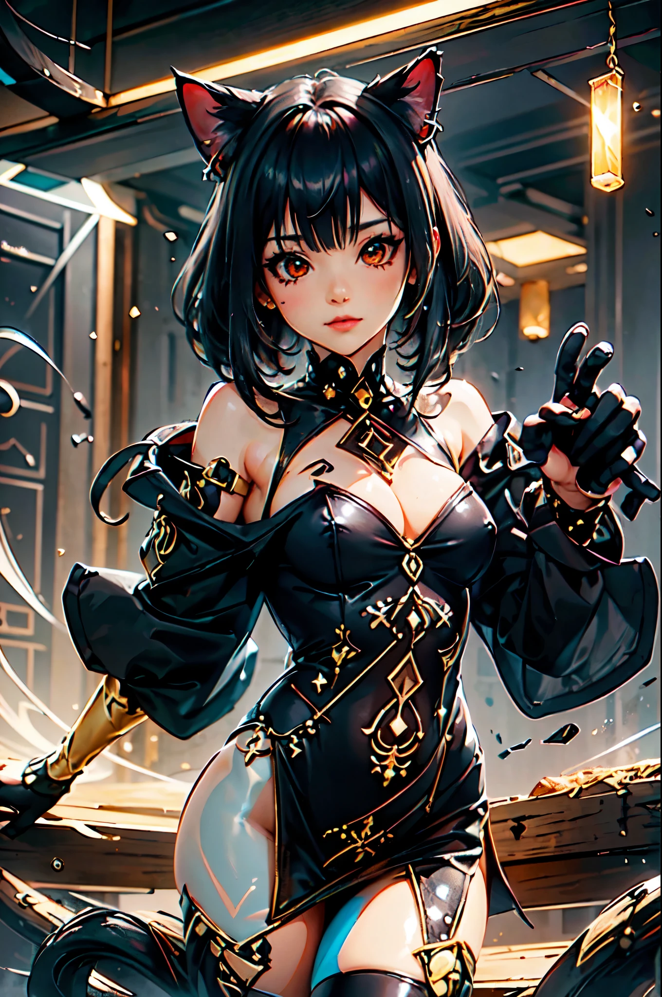 junkotvv, cabello negro, orejas de gato, ojos rojos, obra maestra incomparable, cg ultra realista de 8k, obra de arte perfecta, detalles intrincados, ciberpunk, 1 chica, usando brazaletes nacarados coleccionables de la era espacial, Enfoque suave, estilo moderno, llave de luz, Escala de grises, reluciente, runes, rayas de luz, Muy detallado, k,