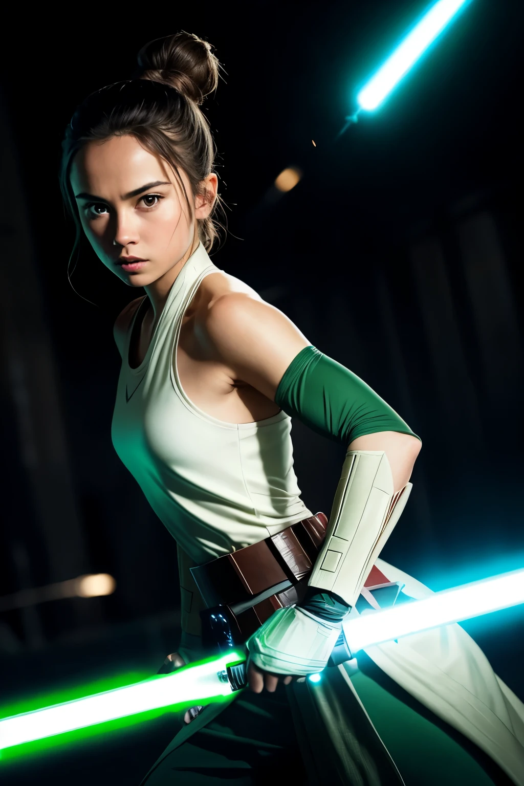 Cinematic photo of a young Jedi in training, 1 girl.35mm photograph, captures the moment as she stands poised, a luminescent green lightsaber illuminating her determined expression. The photo, captured on film, is a testament to professional photography with a 4k resolution, offering a highly detailed and realistic depiction of the scene. The young Jedi's arm is extended, ready to strike, the lightsaber blade gleaming in the cinematic lighting, casting dramatic shadows around her. The background is subtly blurred, focusing the attention on the Jedi in her elegant training outfit, her hair swept back in a practical yet stylish bun. Captured