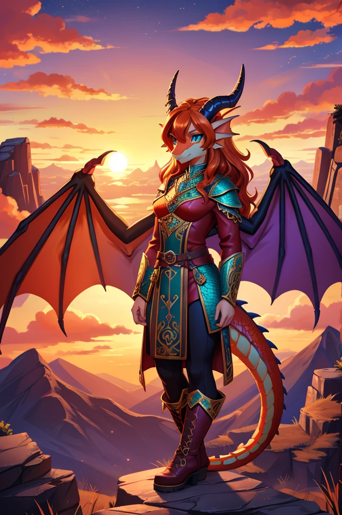 fantasy style art, beautiful anthropomorphic female dragon, mature and young, tall character, 5 feet 11 inches tall, dragon body, dragon head, dragon snout, dragon eyes, dragon skin, long wavy bright orange hair, bright teal eyes, sparkling teal eyes looking at viewer, shapely body, skinny body, healthy body, orange scaly dragon skin, highly detailed scales, covered in orange scales, purple and red warrior outfit, ornate red clothes, fancy purple patterns and symbols, 2 red dress coattails hanging down her sides, high brown leather boots, long draping red sleeves, 2 large orange dragon wings, wings on both sides, orange dragon horns, standing on top of a mountain, at the mountain peak, sunset, brilliant cloudy sky, sunset lighting up the clouds, high quality digital art, 2k, professional illustration