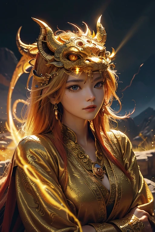 So sublime and divine々Beautiful golden dragon（Dragon face close-up）is coiled up and floating in the center of the screen, glaring at the camera.。The surrounding area is a canyon where no one can get close, and lightning is flashing in the background.、The sun is shining brightly