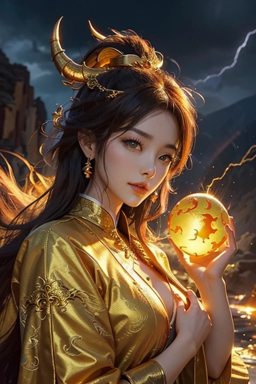 So sublime and divine々Beautiful golden dragon（Dragon face close-up）is coiled up and floating in the center of the screen, glaring at the camera.。The surrounding area is a canyon where no one can get close, and lightning is flashing in the background.、The sun is shining brightly