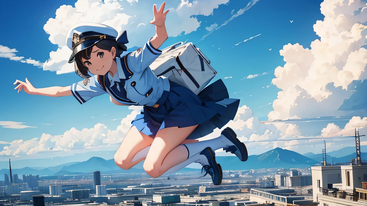 A girl in uniform jumping with a smile　School grounds　A cloud resembling a heart can be seen among the blue sky clouds.