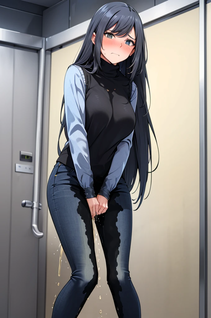 A woman with very long black hair, (very long hair:1.25) and (long bangs:1.5), wearing a stylish wool turtleneck sweater with jeans, long sleeves, (low-rise jeans:1.25), (low-cut jeans:1.25), standing. The artwork is inspired by manga and incorporates a doujin style. The woman appears to be (wetting herself:1.5), which causes her to feel embarrassed and humiliated, resulting in a blush on her face. In addition, there is an air of anger in her expression. The lighting in the scene is moody, with a spotlight highlighting the woman's figure, She has a very large pee stain that covers almost the entire front of her jeans., large breasts, skinny