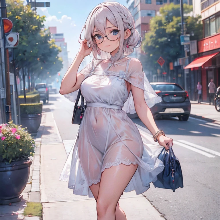 Uma mulher usando um longo vestido branco, Perna exposta, saltos brancos, walking on the sidewalk of a modern city, silver bracelet on arm, cabelo longo rosa choque com franjas grisalhas, olhos rosa, sorridente, seios grandes, Unhas rosa, fundo desfocado, segurando uma bolsa de couro branca,
sombra projetada, anaglyph, estereograma, tachi-e, point view, atmospheric perspective, 8k, superdetalhe, preciso, melhor qualidade, premiado, pele texturizada, high resolution, Anatomicamente Correto, efeito bokeh, ((mulher sozinha)