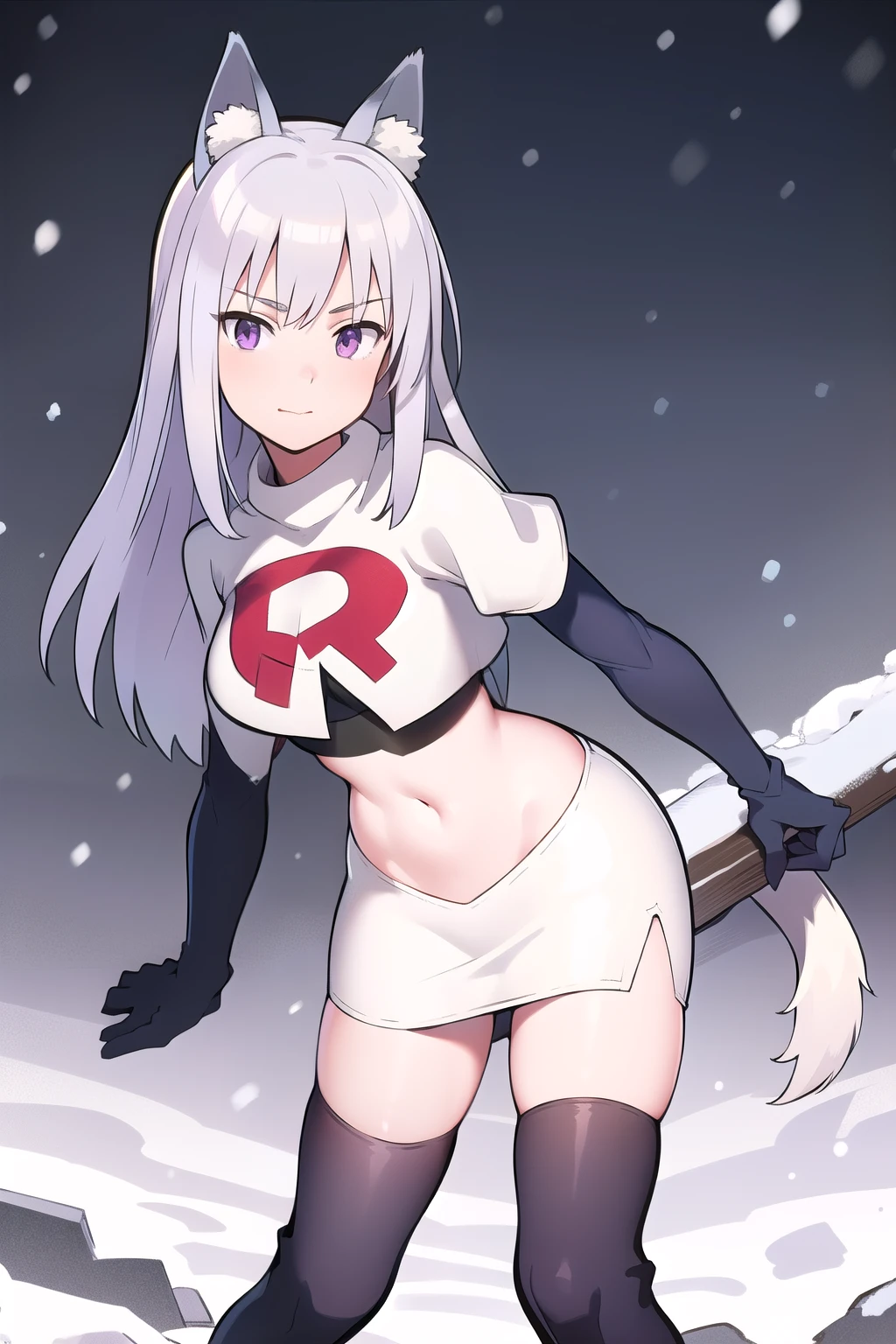 masterpiece, best quality, 1girl, aurora e. juutilainen, dog tail, animal ears, purple eyes, silver hair, outside, snow, team rocket,team rocket uniform,white skirt,red letter R,crop top,black thigh-highs,black elbow gloves