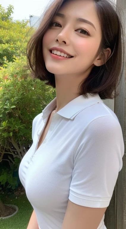 Short hair outdoor fair skin disheveled hair open mouth white tears, Japan woman, super cute, soft and face, brown hair, 8K resolution, ultra realistic, super definition, soft body toned buttocks night, ((highest definition, 8k, masterpiece: 1.3)), super definition face, ultra-fine lips, fine eyes, double eyelids, short short sleeves, wide open chest, well-shaped upward bust, angle from the side, sideways, buttocks sticking out, chest, big, Polo shirt with thin fabric and tight cheeks, 24 years old, cute smile, underwear see-through,