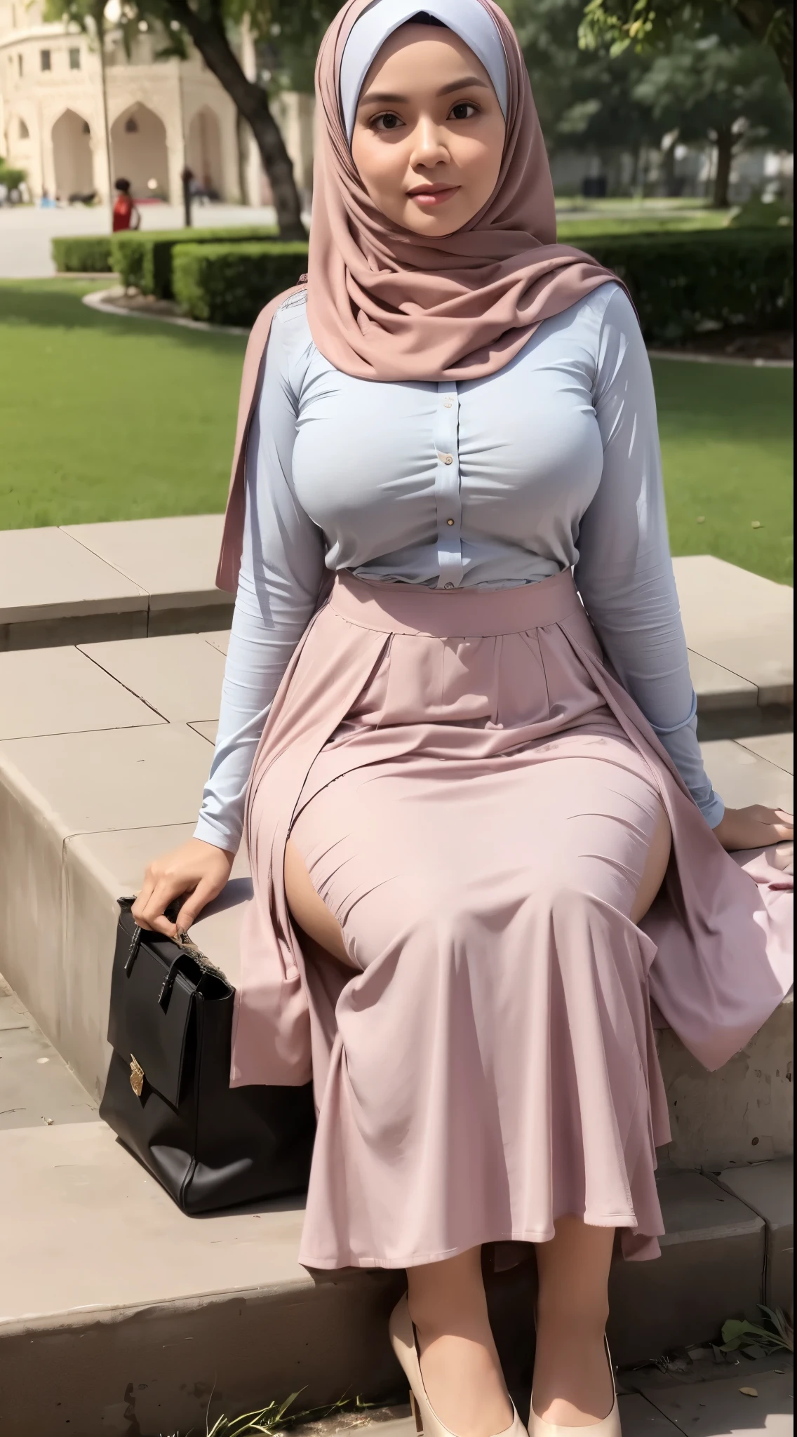 50 years Old, Hijab Indonesian mature woman, Big Tits : 66.9, Gamis, Breast out from her clothes : 1.9, at doctor office, Dark light, at Nighttime