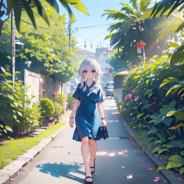 Uma mulher usando um longo vestido branco, Perna exposta, saltos brancos, walking on the sidewalk of a modern city, silver bracelet on arm, cabelo longo rosa choque com franjas grisalhas, olhos rosa, sorridente, seios grandes, Unhas rosa, fundo desfocado, segurando uma bolsa de couro branca,
sombra projetada, anaglyph, estereograma, tachi-e, point view, atmospheric perspective, 8k, superdetalhe, preciso, melhor qualidade, premiado, pele texturizada, high resolution, Anatomicamente Correto, efeito bokeh, ((mulher sozinha)