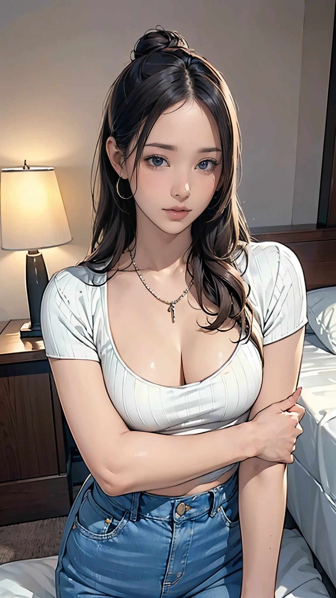 (masterpiece:1.2, highest quality), (Realistic, photoRealistic:1.4), Beautiful illustrations, (Natural Side Lighting, Cinema Lighting), Written boundary depth, Beautiful thighs staring at the viewer, (Face Focus, Upper Body), 1 female，20-year-old，alone，（With background：Hotel Rooms） , thin, slender, Long Hair, Curly Hair, One bun on top of the head, Forehead, thin, slender, Small , Cleavage, Bare thighs, sweater, jeans, Earrings, necklace, Are standing