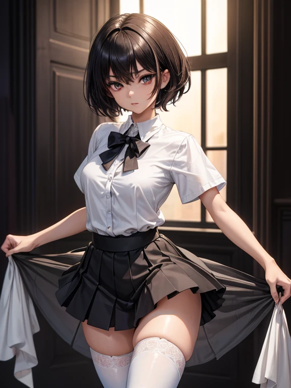 8K UHD, Digital SLR, Soft lighting, High quality, ((best quality)) ((best quality)), ((masterpiece)), (detailed), 4k image, anime style, beautiful age anime girl, black A-line pleated skirt, white formal shirt, fair caramel brown skin, symmetrical face, plump lips, blood red sanguine eyes, African looks, small breasts, toned thin slender body, small narrow waist, short height, waist length pixie cut hair, sleek onyx black hair, small curvy hips, phoenix eyes, small nose, European style , white sheer thigh-high stockings, low-top boots
