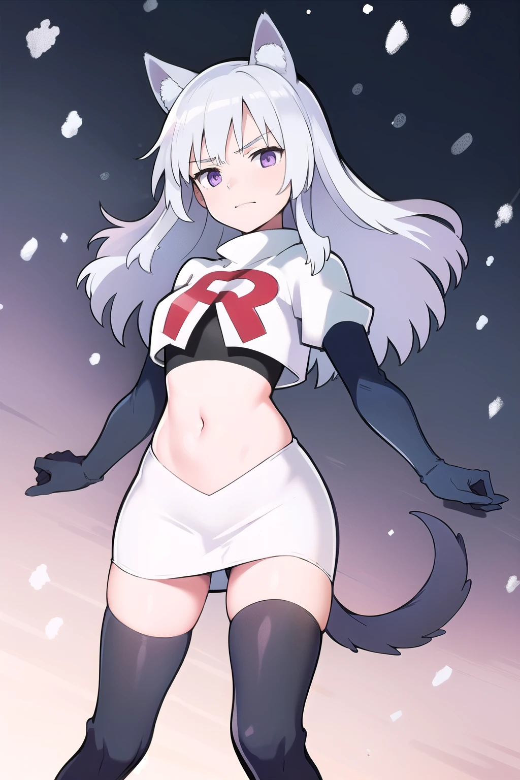 masterpiece, best quality, 1girl, aurora e. juutilainen, dog tail, animal ears, purple eyes, silver hair, outside, snow, team rocket,team rocket uniform,white skirt,red letter R,crop top,black thigh-highs,black elbow gloves