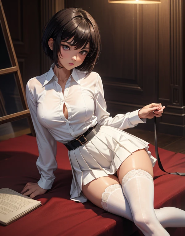 8K UHD, Digital SLR, Soft lighting, High quality, ((best quality)) ((best quality)), ((masterpiece)), (detailed), 4k image, anime style, beautiful age anime girl, black A-line pleated skirt, white formal shirt, fair caramel brown skin, symmetrical face, plump lips, blood red sanguine eyes, African looks, small breasts, toned thin slender body, small narrow waist, short height, waist length pixie cut hair, sleek onyx black hair, small curvy hips, phoenix eyes, small nose, European style , white sheer thigh-high stockings, low-top boots
