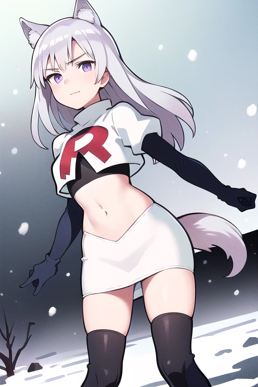 masterpiece, best quality, 1girl, aurora e. juutilainen, dog tail, animal ears, purple eyes, silver hair, outside, snow, team rocket,team rocket uniform,white skirt,red letter R,crop top,black thigh-highs,black elbow gloves