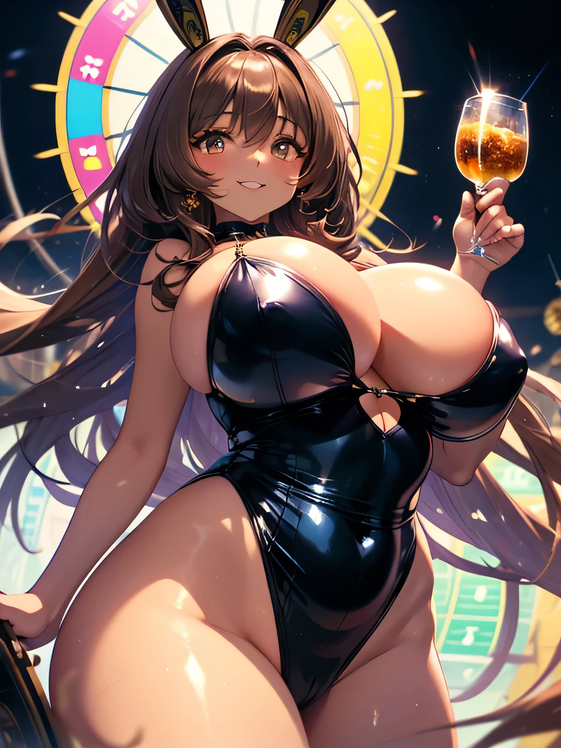 Anime illustration、highest quality、Fantasy、Luxury Casino、A plump bunny girl with brown skin、Giant roulette wheel、Bunny ears、Perfect proportions、Big Breasts、Thick legs、Beautiful, shining eyes、smile、Cowboy Shot