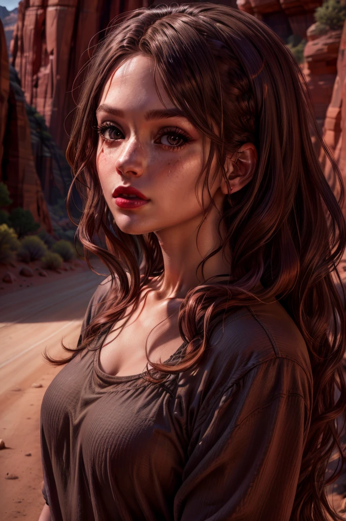 Beautiful Female Hair Portrait Photography by JoSkriver , Double good,  Zion National Park hiking trails, Bright red lips, (masterpiece) (highest quality) (detailed) (8k) (High resolution) (wallpaper) (Cinema Lighting) (Sharp focus) (Complex)