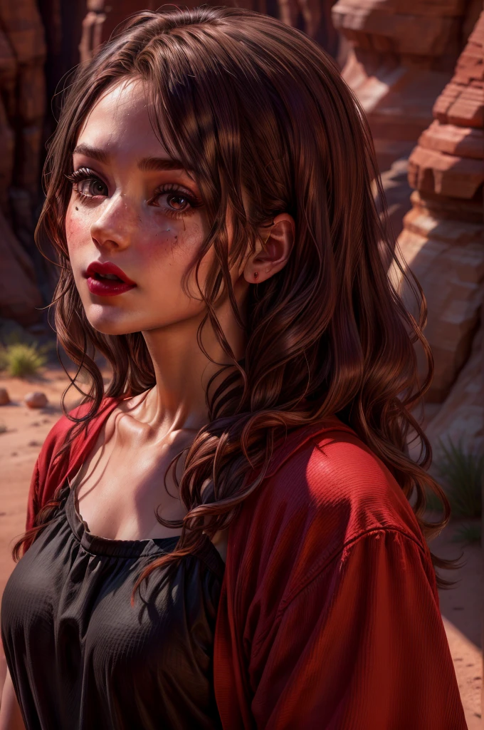 Beautiful Female Hair Portrait Photography by JoSkriver , Double good,  Zion National Park hiking trails, Bright red lips, (masterpiece) (highest quality) (detailed) (8k) (High resolution) (wallpaper) (Cinema Lighting) (Sharp focus) (Complex)