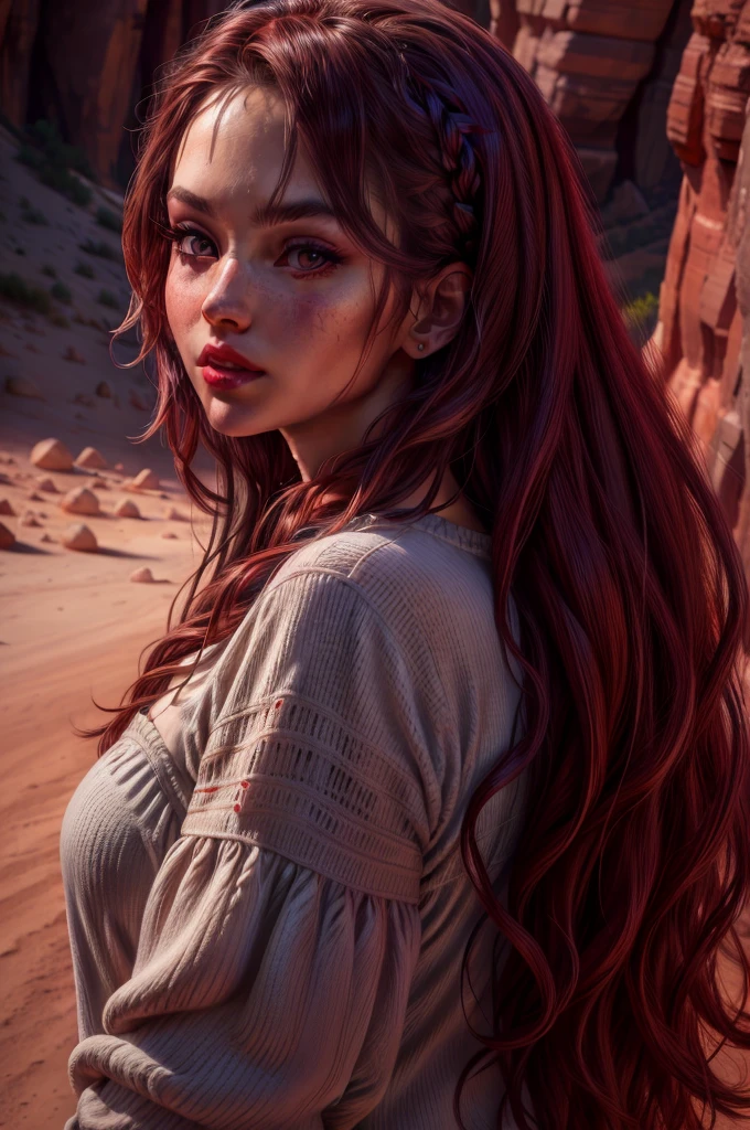 Beautiful Female Hair Portrait Photography by JoSkriver , Double good,  Zion National Park hiking trails, Bright red lips, (masterpiece) (highest quality) (detailed) (8k) (High resolution) (wallpaper) (Cinema Lighting) (Sharp focus) (Complex)