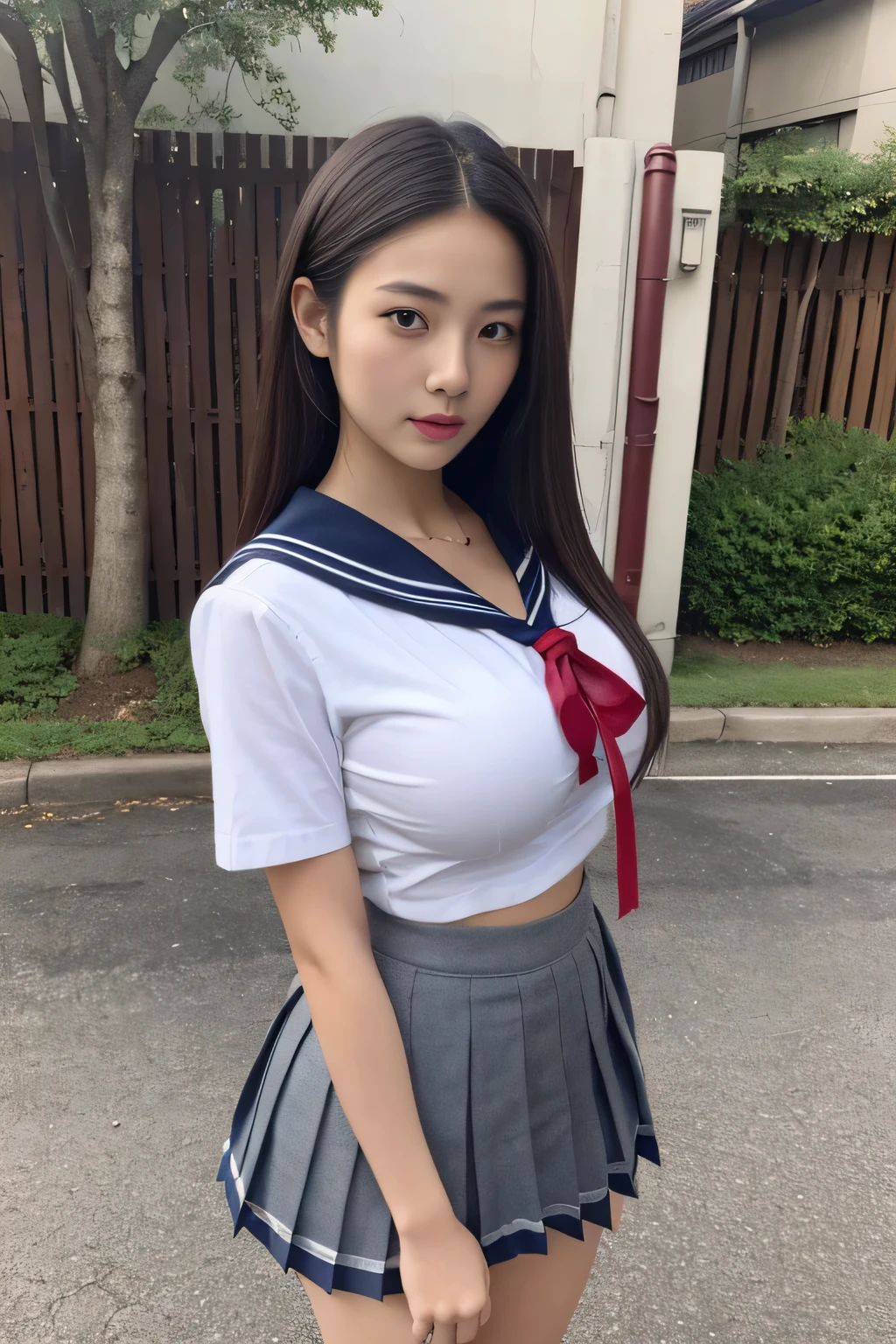 (highest quality,8k,High resolution:1.2),(Beautiful and realistic Asian:1.6)、(Cute Japanese Girl:1.4),(Huge breasts:1.25),(Attractive body),(school uniform,serafuku,Pleated skirt,Sailor collar,White shirt:1.2)、Professional photos、mysterious、Divinity、