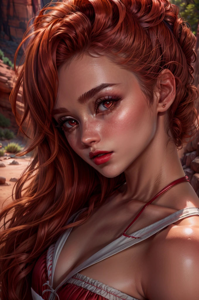 Beautiful Female Hair Portrait Photography by JoSkriver , Double good,  Zion National Park hiking trails, Bright red lips, (masterpiece) (highest quality) (detailed) (8k) (High resolution) (wallpaper) (Cinema Lighting) (Sharp focus) (Complex)