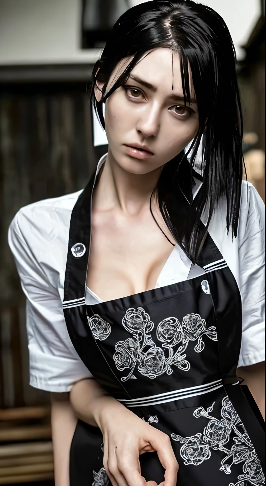 ((masterpiece, highest quality)), (One girl), (alone), (Focus on women), night (Chainsaw Man),(Highly detailed face, The real picture, Realistic white skin, Realistic body, Intricate details), Upper Body, Focus on the face, Black hair tied up, Long Hair, Intimidating look, Black apron dress, shirt, Neck ribbon, Small breasts