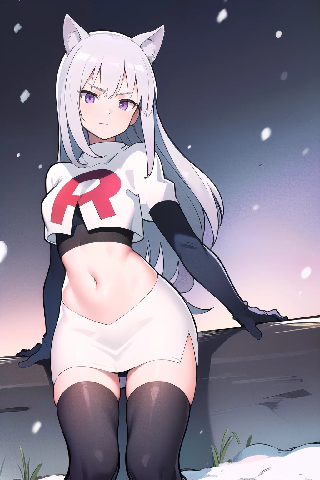 masterpiece, best quality, 1girl, aurora e. juutilainen, dog tail, animal ears, purple eyes, silver hair, outside, snow, team rocket,team rocket uniform,white skirt,red letter R,crop top,black thigh-highs,black elbow gloves