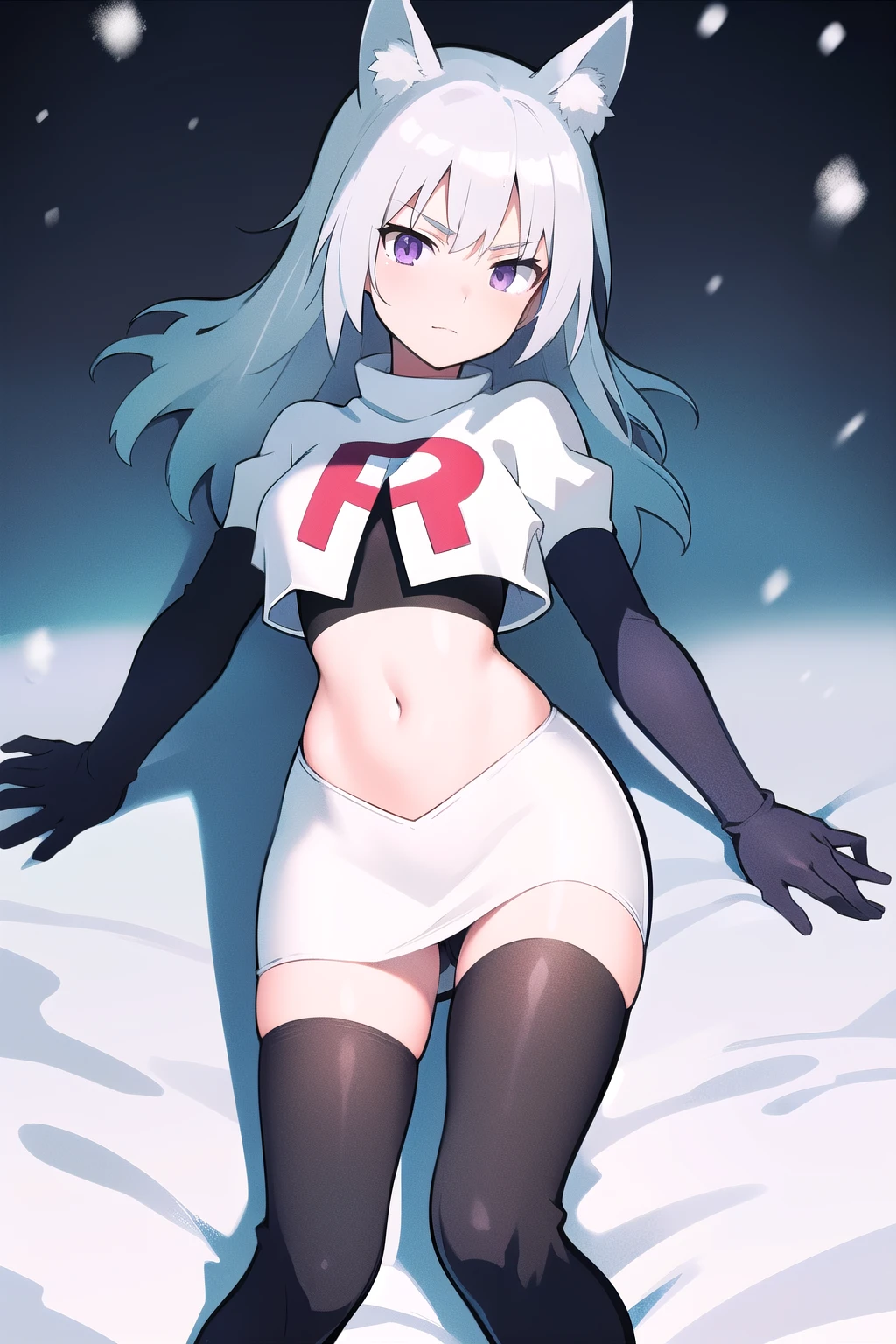 masterpiece, best quality, 1girl, aurora e. juutilainen, dog tail, animal ears, purple eyes, silver hair, outside, snow, team rocket,team rocket uniform,white skirt,red letter R,crop top,black thigh-highs,black elbow gloves