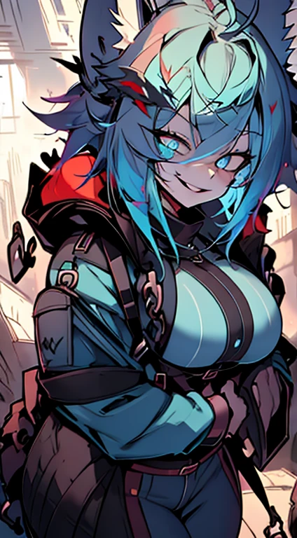 1girl, short_rebellious_hairblue_hair, blue_eyes, scary_eyes, short_hair, hair just blue, expression would be, looking_at_vi ewer, holding, shirt, pant, animal_ears, blue_ ears, wolf_woman, blue_tail, body_perfect, Milf_body, female_body_muscular, scar_on_thighs, scar_on_the abdomen, hunter_outfit_black