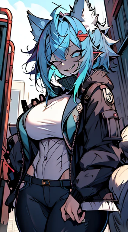 1girl, short_rebellious_hairblue_hair, blue_eyes, scary_eyes, short_hair, hair just blue, Big_smile, looking_at_vi ewer, holding, shirt, pant, animal_ears, blue_ ears, wolf_woman, blue_tail, body_perfect, Milf_body, female_body_muscular, scar_on_thighs, scar_on_the abdomen, hunter_outfit_black