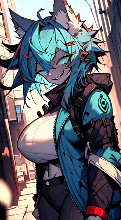 1girl, short_rebellious_hairblue_hair, blue_eyes, scary_eyes, short_hair, hair just blue, Big_smile, looking_at_vi ewer, holding, shirt, pant, animal_ears, blue_ ears, wolf_woman, blue_tail, body_perfect, Milf_body, female_body_muscular, scar_on_thighs, scar_on_the abdomen, hunter_outfit_black