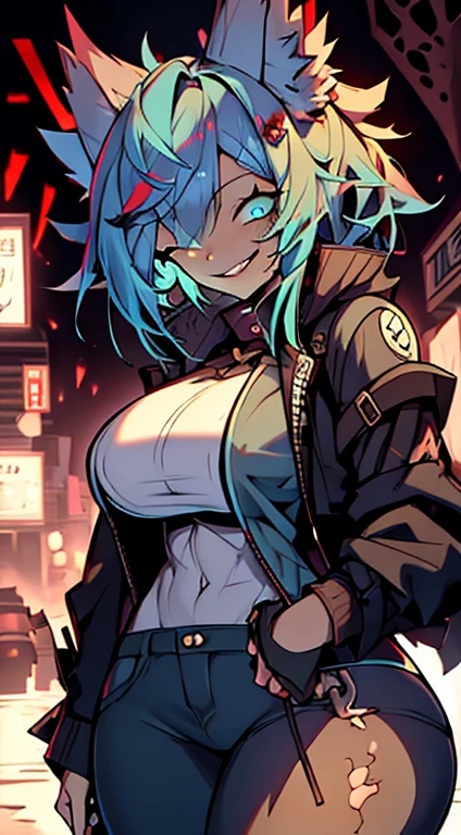 1girl, short_rebellious_hairblue_hair, blue_eyes, scary_eyes, short_hair, hair just blue, Big_smile, looking_at_vi ewer, holding, shirt, pant, animal_ears, blue_ ears, wolf_woman, blue_tail, body_perfect, Milf_body, female_body_muscular, scar_on_thighs, scar_on_the abdomen, hunter_outfit_black