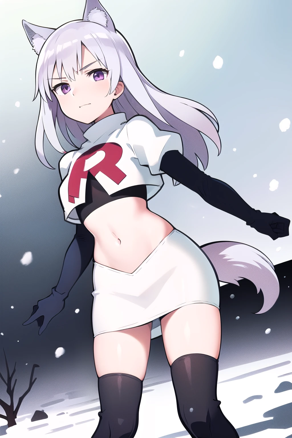 masterpiece, best quality, 1girl, aurora e. juutilainen, dog tail, animal ears, purple eyes, silver hair, outside, snow, team rocket,team rocket uniform,white skirt,red letter R,crop top,black thigh-highs,black elbow gloves