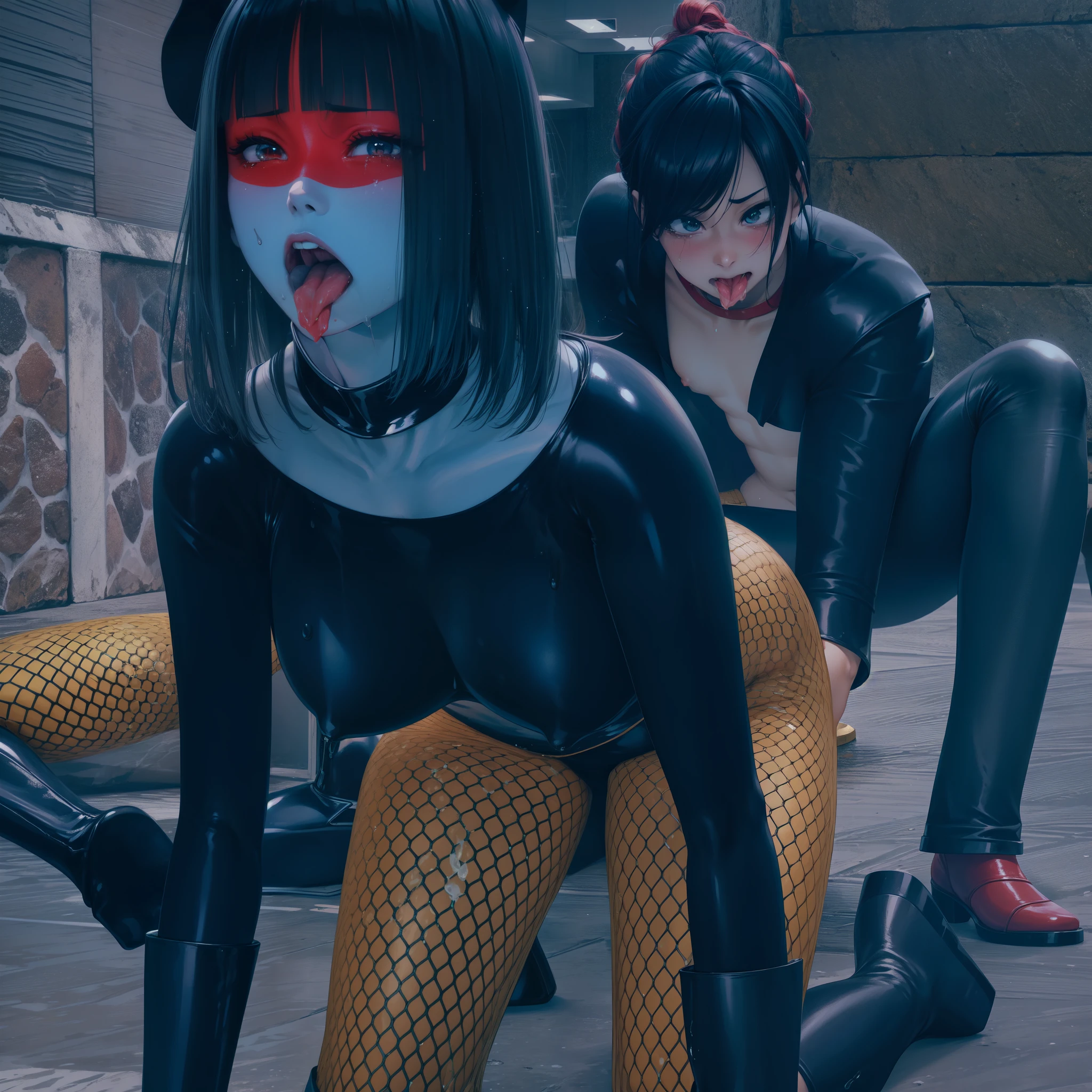 Close-up of a girl in a black leotard、Black shiny latex suit, Saiyan Girl, wonderful, Nano Girl, Female body type, Inspired by Hiromu Arakawa, Anime Manga Robot!! Anime Girls, Fubuki, Full Body Suit, by Hiromu Arakawa, , wonderful, silk, Beautiful and attractive anime , Anime Girls of the future, tears,Drooling,Pee,Sweat,Tongue out,incontinence,Peeing,Mouth open and tongue out,Estrus,Eyes wide open,Estrus,Blushing,Nipples are erect,Face is hot,Lust、Mouth wide open and tongue sticking out、Red face print on upper face and chin、incontinenceして股間が濡れています