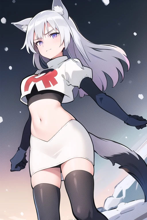 masterpiece, best quality, 1girl, aurora e. juutilainen, dog tail, animal ears, purple eyes, silver hair, outside, snow, team rocket,team rocket uniform,white skirt,red letter R,crop top,black thigh-highs,black elbow gloves