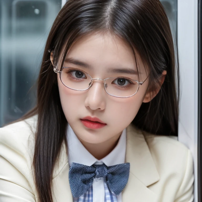 ((High school girl on the train door))、((Wet white blazer)),((Translucent wet white blouse、Red bow tie、Dark blue checked skirt)).lingerie,40k, photograph, Tabletop, highest quality, Rainy background, ((1 Gorgeous wet light haired girl with beautiful eyes, She has a beautiful face and wears glasses, )). White skin, Big eyes,Various poses.((Large Breasts,:1.1)), highest quality, Tabletop, Ultra-high resolution, (Realistic:1.4), RAWphotograph, (Perfect figure), Dynamic Pose, ((Petite :0.9))), alone, Cold light 12000K, Very detailed facial and skin texture, Fine grain, Realistic eyes, Beautiful fine grain, (Realistic Skin), Charm, 超A high resolution, Surreal, Very detailed,((she's soaking wet))、((erection))、((Backward view)),((look back))、