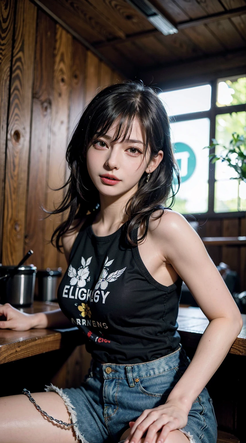 (8k, highest quality, masterpiece:1.2), (Realistic, photo-Realistic:1.37), Very detailed,
Detailed portrait of Tifa Lockhart from Final Fantasy VII Remake sitting in a cafe in a cityscape on a date, With her beautiful and delicate eyes and red nose, she looks adorable and solo.. She is wearing a black shirt with the word "erigo" written on it、He was wearing short jeans. Show the word "Erigo" written on a T-shirt. Her whole body is visible with her head supported by her hands, Showing off her beautiful face, Long hair tied low, And lips. The scene is professionally lit, Photon Mapping, and Radio City, Tetsuya Nomura style and cyber futuristic feel. The background features yellow flowers and a bokeh effect. Tifa smiles slightly and keeps her mouth closed..(hour々hour々is naked)