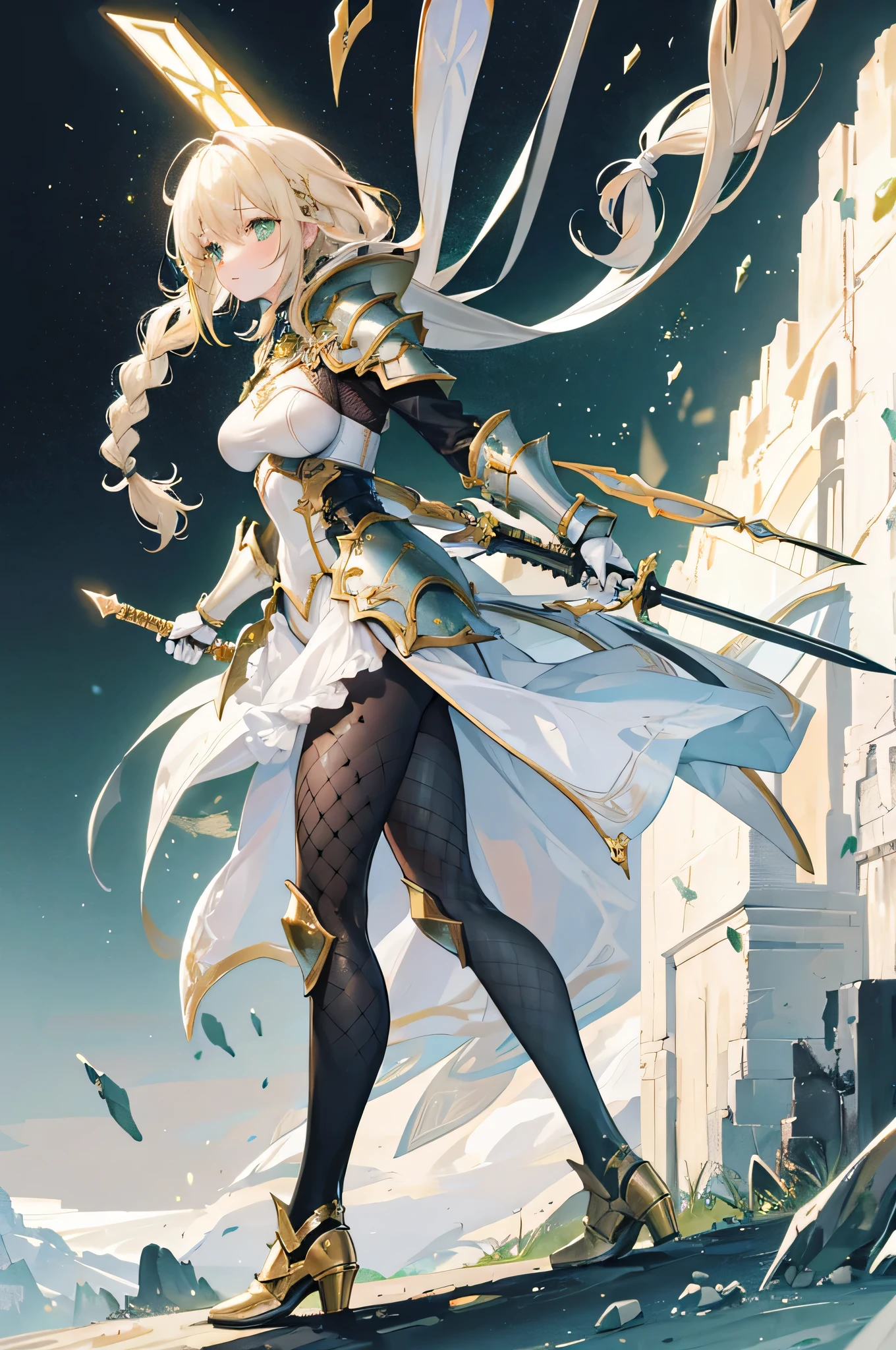 4k,High resolution,One Woman,Cream colored hair,long hair,Braid,Green Eyes,knight,White leotard armor,Full Armor,Heavy Armor,Black shoes,Fishnet tights,Gold decoration,Long sword,Plains