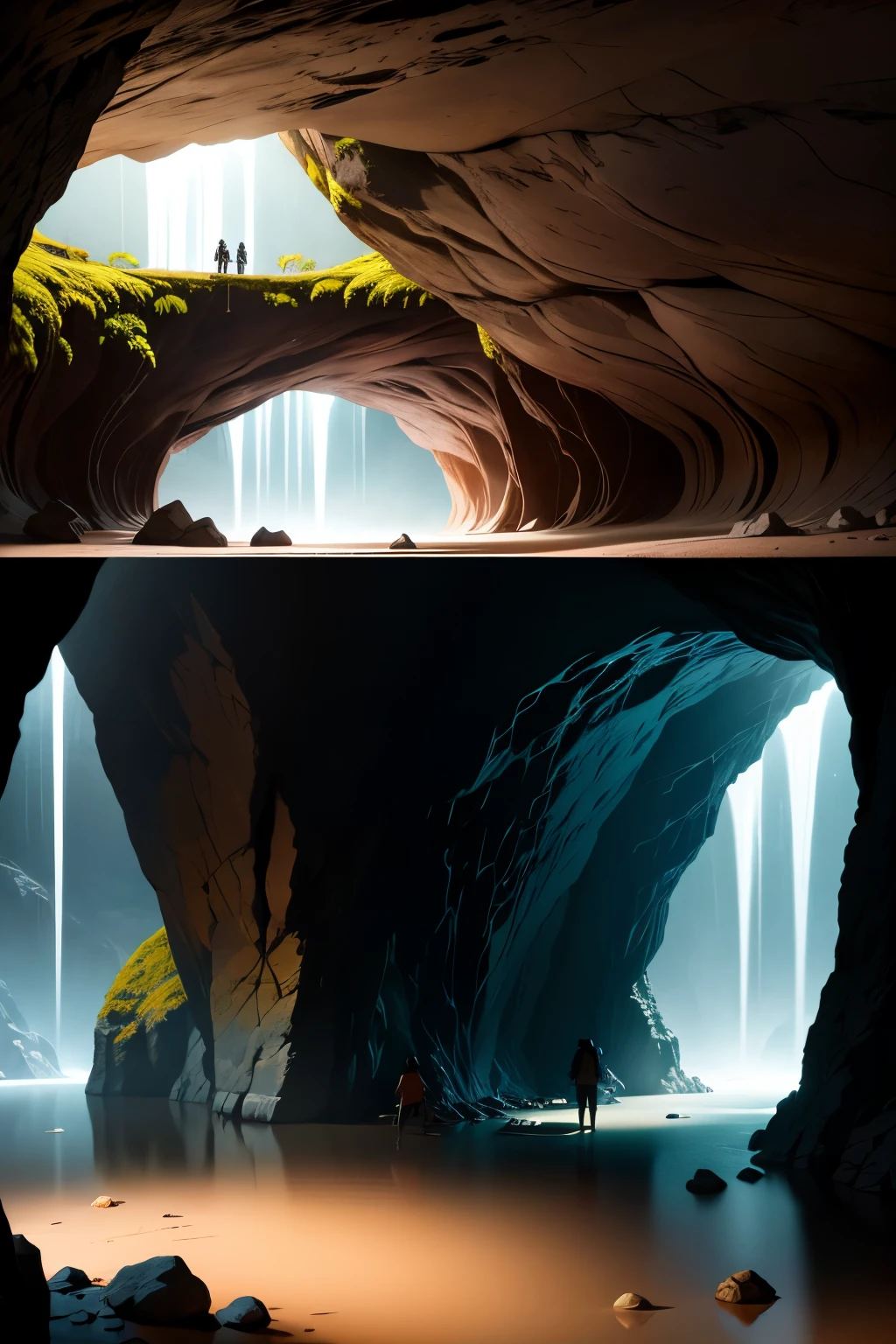 Highly detailed, an ancient cave, two girls explore the cave, they have flashlights in their hands, shadows on the rock walls, mysterious environment, stalactites, stalagmites