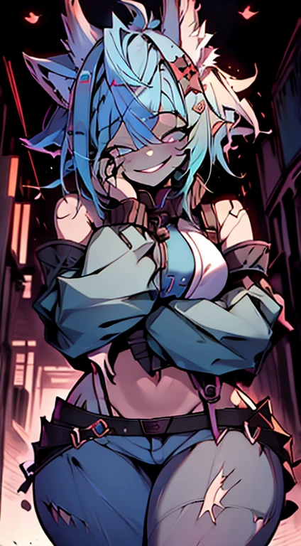 1girl, short_rebellious_hairblue_hair, blue_eyes, scary_eyes, short_hair, hair just blue, Big_smile, looking_at_vi ewer, holding, shirt, pant, animal_ears, blue_ ears, wolf_woman, blue_tail, body_perfect, Milf_body, female_body_muscular, scar_on_thighs, scar_on_the abdomen, hunter_outfit_black