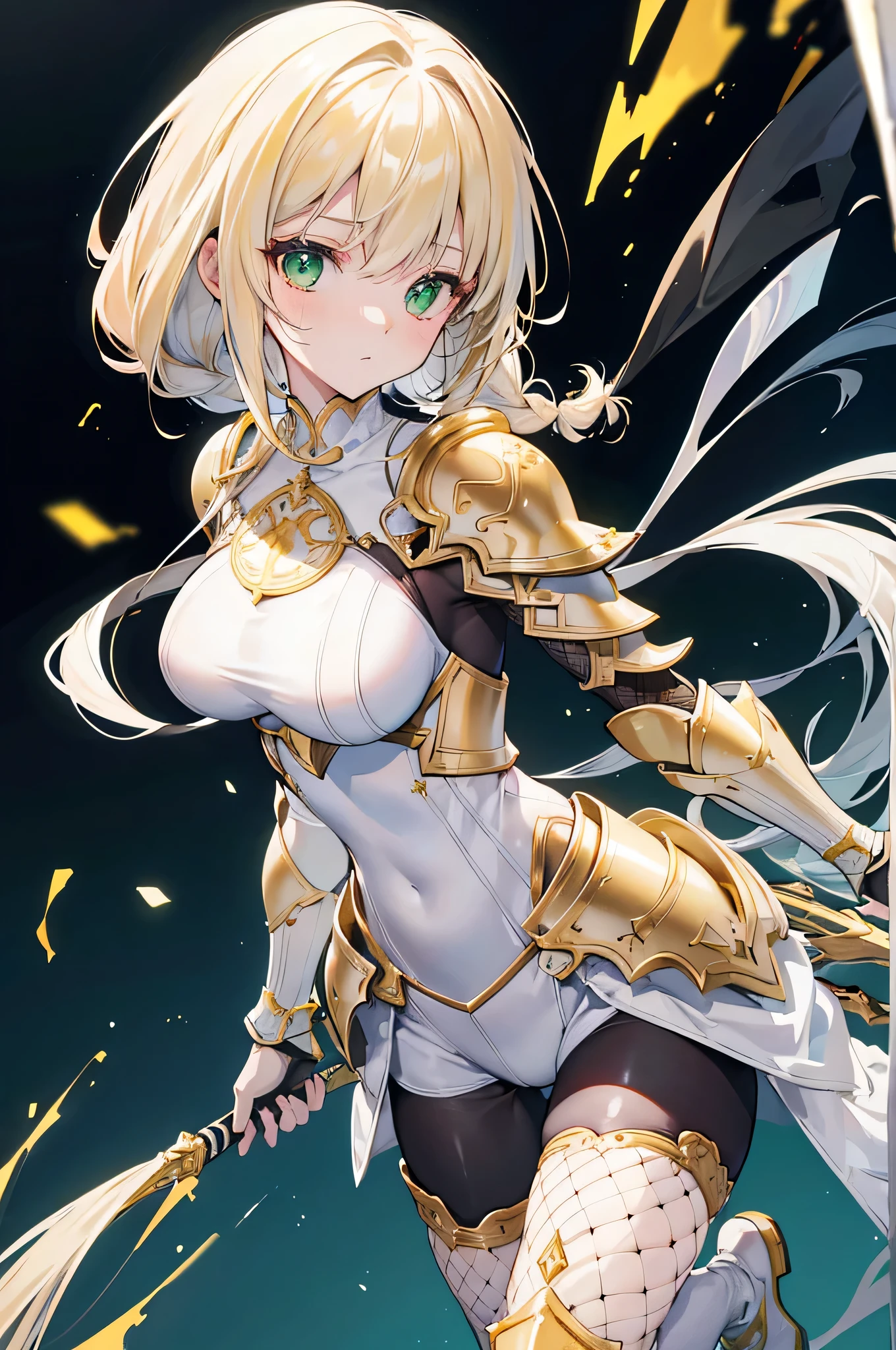 4k,High resolution,One Woman,Cream colored hair,long hair,Braid,Green Eyes,knight,White leotard armor,Full Armor,Heavy Armor,Black shoes,Fishnet tights,Gold decoration,Long sword,Plains