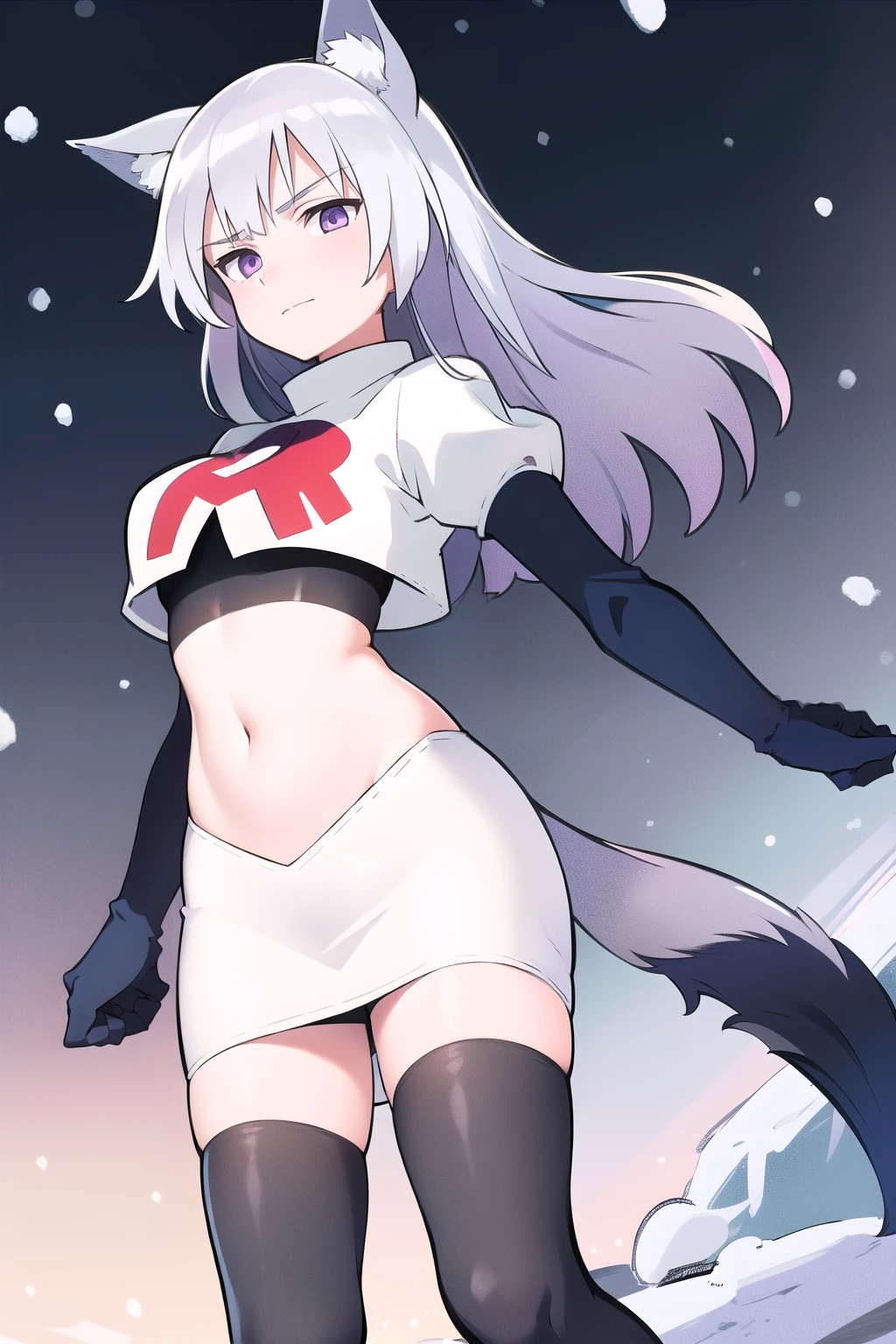 masterpiece, best quality, 1girl, aurora e. juutilainen, dog tail, animal ears, purple eyes, silver hair, outside, snow, team rocket,team rocket uniform,white skirt,red letter R,crop top,black thigh-highs,black elbow gloves