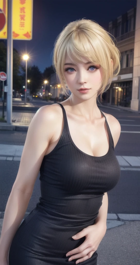 ((highest quality, 8k, masterpiece: 1.3)), whole body, Sharpen the focus: 1.2, Outstanding beauty: 1.4, Slim Abs: 1.2, (((blonde, big: 1.2)), Tank top dress: 1.1, (City of night, street: 1.1), Highly detailed face and skin texture, Fine grain, double eyelid