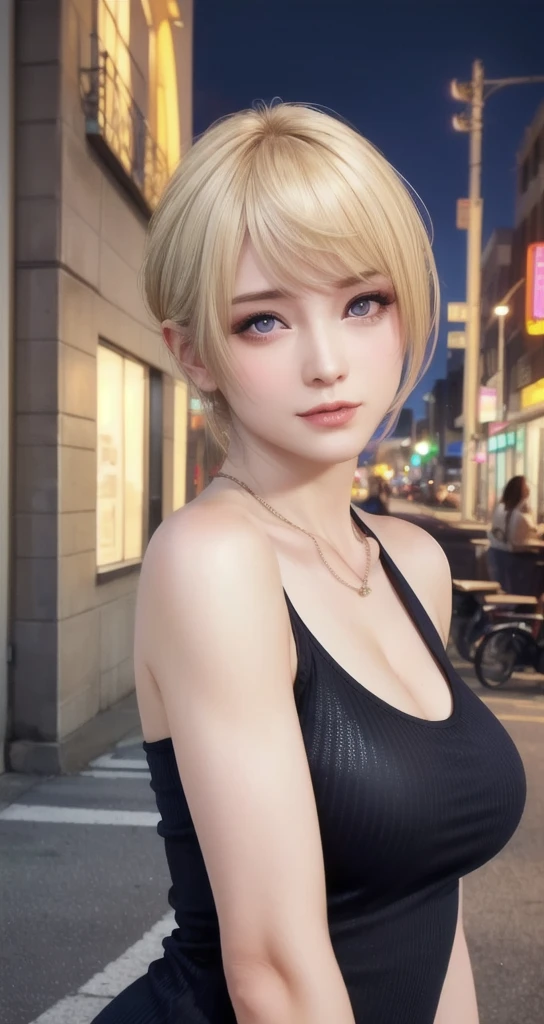 ((highest quality, 8k, masterpiece: 1.3)), whole body, Sharpen the focus: 1.2, Outstanding beauty: 1.4, Slim Abs: 1.2, (((blonde, big: 1.2)), Tank top dress: 1.1, (City of night, street: 1.1), Highly detailed face and skin texture, Fine grain, double eyelid