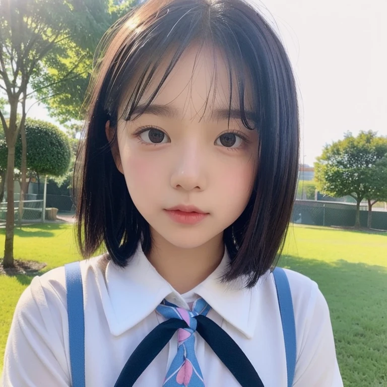 POV, cute , round face, cute beautiful girl, summer clothes cutter shirt, short cut, outfit color is pastel color, black hair, face close-up youth, puberty, pale light, schoolyard, no tie, cute little ribbon, natural light, dusk, front, camera look
