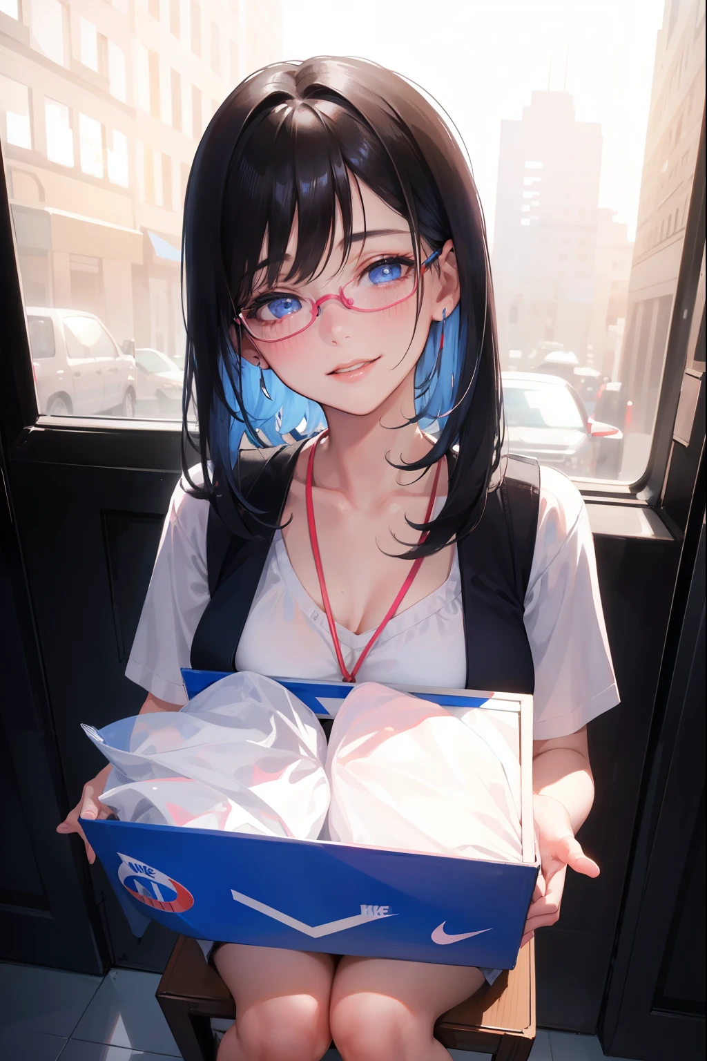 1girl, masterpiece, best quality, ultra detail, short straight black hair, pink lips, blue eyes, red cheek, looking at viewer, young, medium breasts, glasses, 5 fingers cute smile, sitting, nike air force 1, full body protrait, sexy, close up on feet
