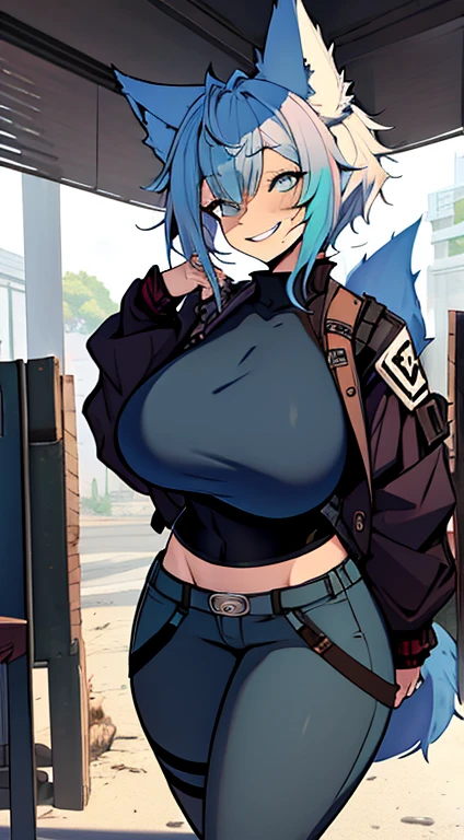 1girl, short_rebellious_hairblue_hair, blue_eyes, scary_eyes, short_hair, hair just blue, Big_smile, looking_at_vi ewer, holding, shirt, pant, animal_ears, blue_ ears, wolf_woman, blue_tail, body_perfect, Milf_body, female_body_muscular, scar_on_thighs, scar_on_the abdomen, hunter_outfit_black