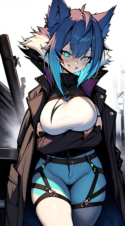 1girl, short_rebellious_hairblue_hair, blue_eyes, scary_eyes, short_hair, hair just blue, Big_smile, looking_at_vi ewer, holding, shirt, pant, animal_ears, blue_ ears, wolf_woman, blue_tail, body_perfect, Milf_body, female_body_muscular, scar_on_thighs, scar_on_the abdomen, hunter_outfit_black