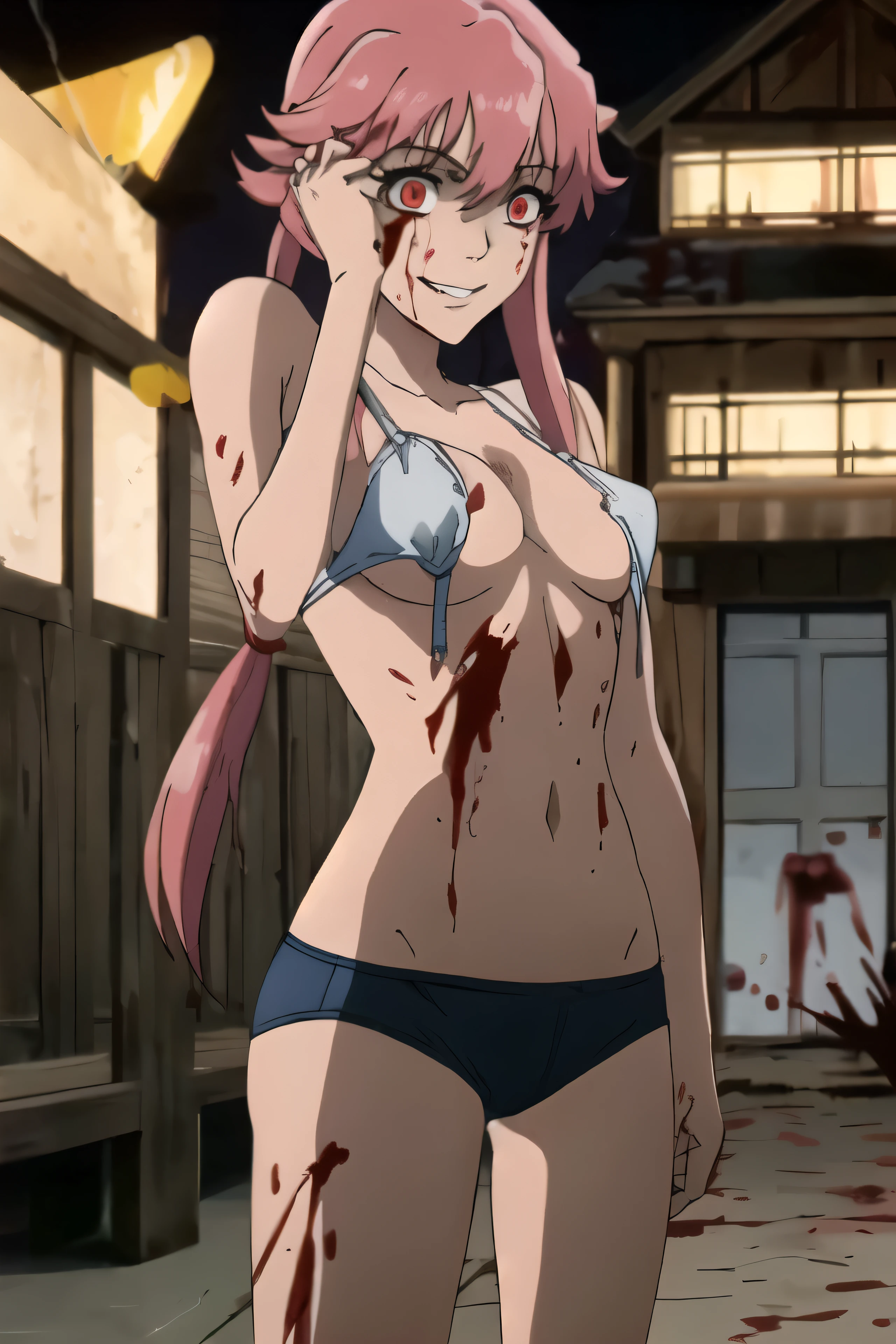(best quality:1.3), Yuno Gasai, long hair, pink hair, smile, low twintails, yuno gasai, (small breasts:1.5), 1girl, red and orange eyes, (day:1.8), (evil grin1.5), blood, (out door:1.5), (evil:1.5), (blood on body:1.5), (evil eyes:1.4), 4k, 8k, killing, best quality, masterpiece, black tube top, (cleavage:1.5), (underboob:1.6), torn tube top, looking at viewer, facing the camera, cowboy shot, thick thighs, hands on face, black thong