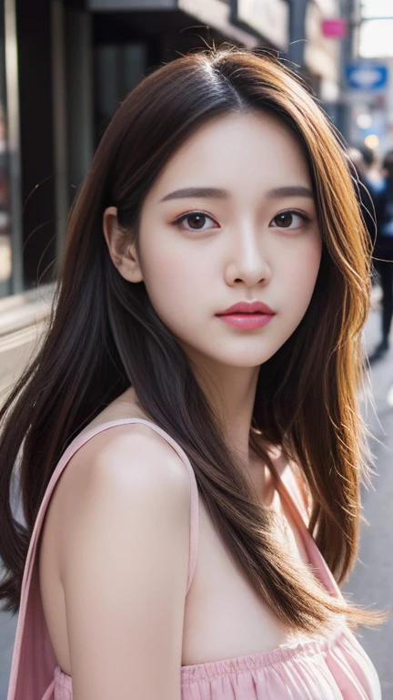 Walking on city streets, bandeau dress, wearing long gorgeous clothes, wearing pink flower long dress, cute couple, shopping, in the city, highly detailed beautiful girl, highly detailed face, highly detailed eyes, highly detailed skin, highly detailed fingers, highly detailed nose, very detailed detailed mouth